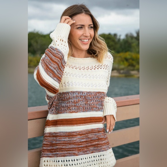 Two Toned Textured Striped Color Block Sweater, Sz Small, cream/brown/blue tones - Picture 2 of 9